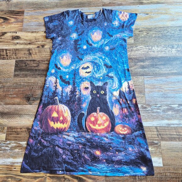 Et' Lois Black Cat Jack-o' Lanterns Van Gogh Starry Night Maxi T-Shirt Dress - Picture 3 of 11